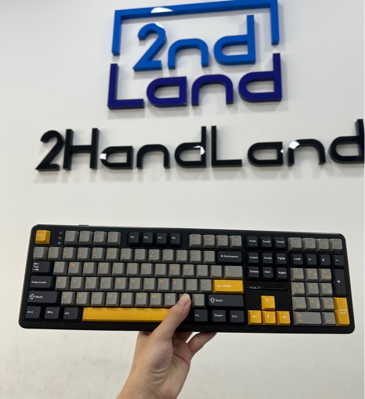 Bàn phím cơ không dây Aula F108 - 3 mode - Màu đen xám vàng - Ngoại hình 98% - Kèm box + Receiver + Dây kết nối