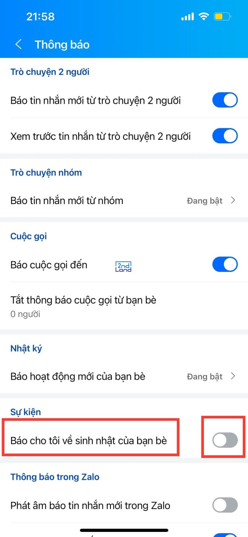 Cách tắt thông báo sinh nhật trên Zalo 24
